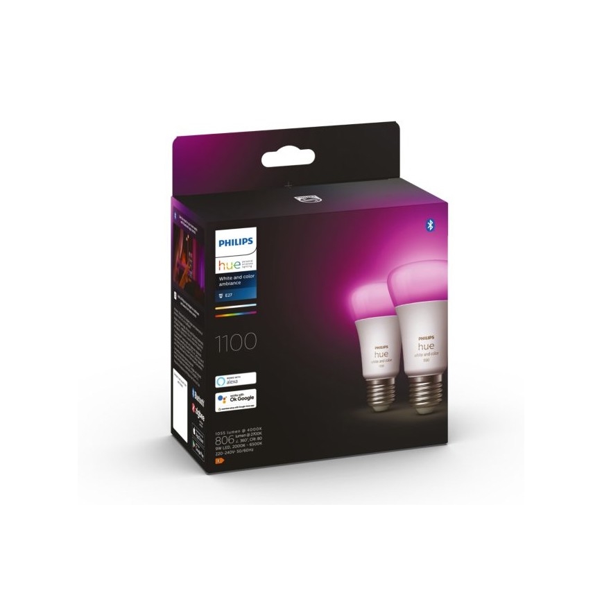 LED strip m. RGBW-farver dæmpbar Philips Hue WHITE AND COLOR AMBIANCE 2 m LED/20W/230V + 2x LED-pære dæmpbar Philips A60 E27/9W/230V 2000-6500K