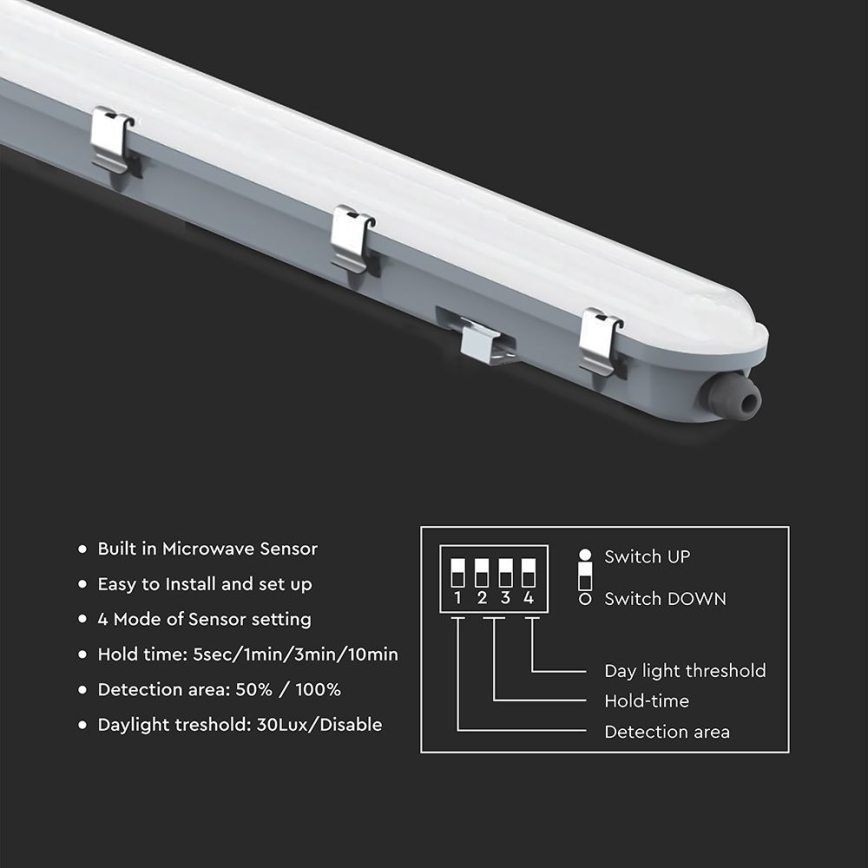 LED teknisk lysstofrørsarmatur med bevægelses- og skumringssensor LED/48W/230V IP65 6500K 150 cm