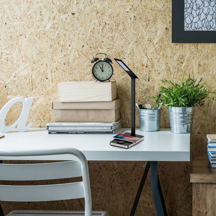 LED Touch-dæmpbar bordlampe med trådløs opladning LED/7W/5V 3000-6500K USB sort