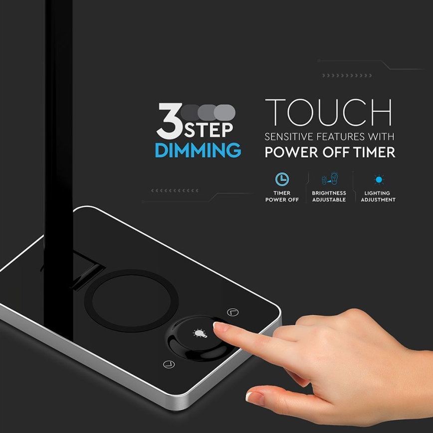 LED Touch-dæmpbar bordlampe med trådløs opladning LED/7W/5V 3000-6500K USB sort