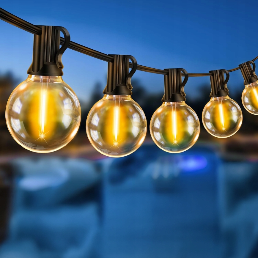 LED udendørs dekorationslyskæde, 25 x E12-fatninger, 1 W pr. pære, 230 V, 17,5 m, IP65, sort