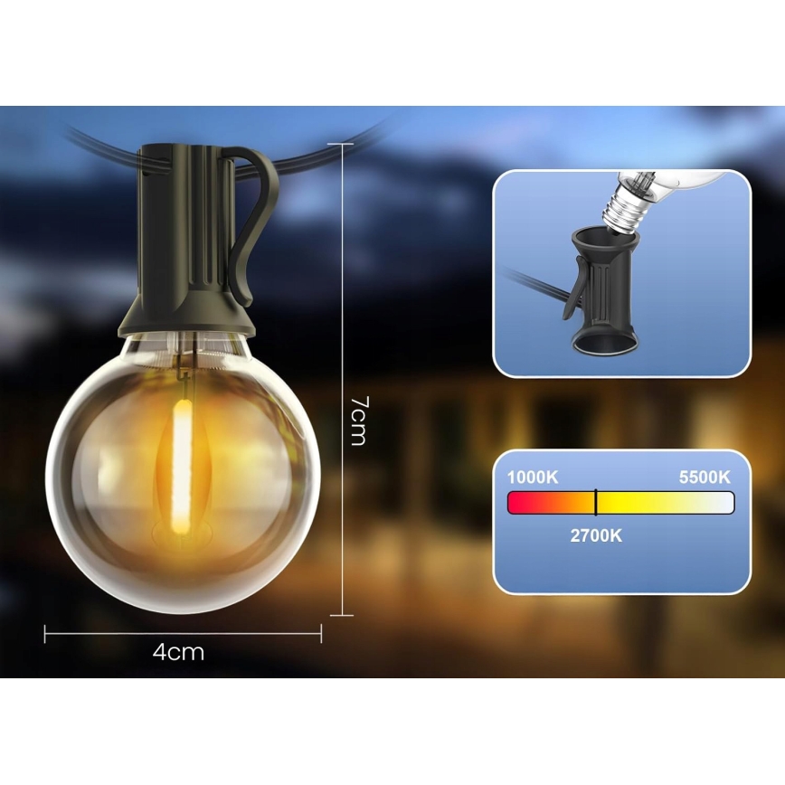 LED udendørs dekorativ lyskæde 20xE12/1W/230V 20 m IP65 sort