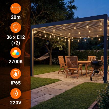 LED udendørs dekorativ lyskæde 36xE12/1W/230V 22,35 m IP65 sort