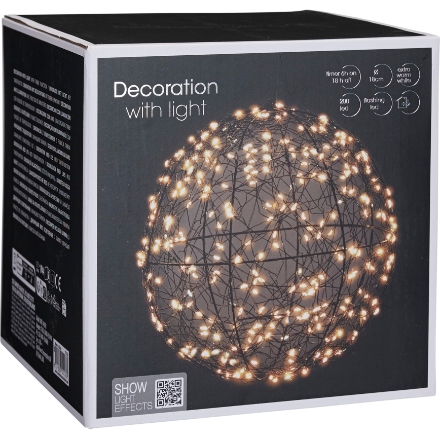 LED udendørs juledekoration 200xLED/230V Ø 18 cm IP44 varm hvid kugle/sort