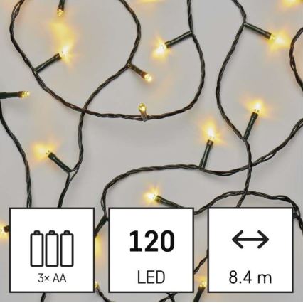 LED udendørs julelyskæde 120xLED/3xAA 8,9m IP44 varm hvid