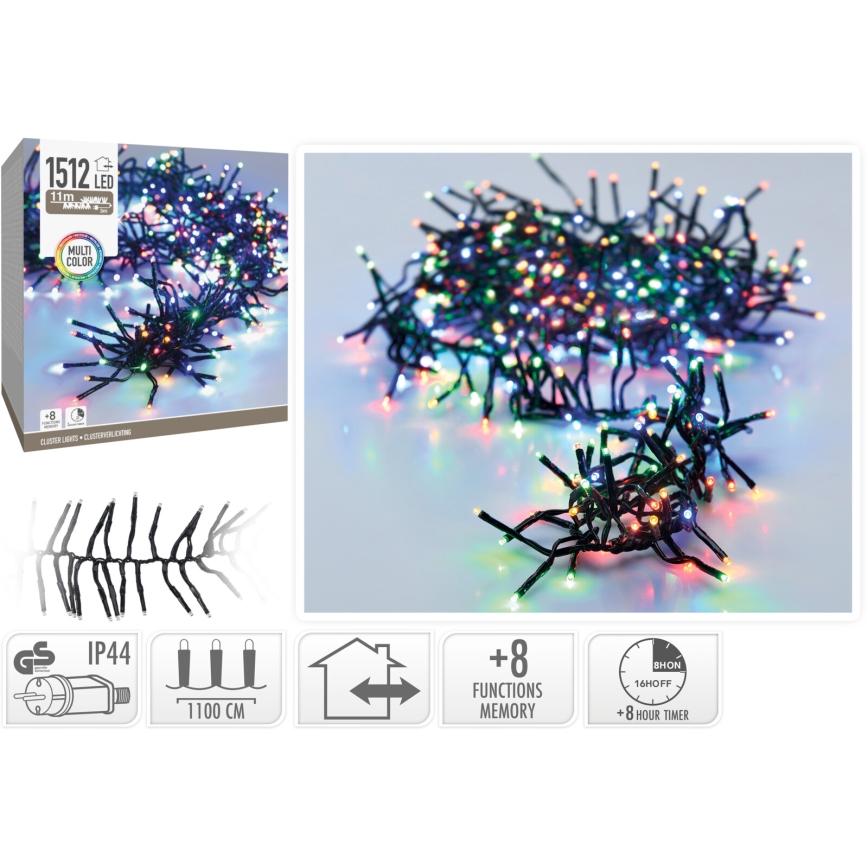LED udendørs julelyskæde 1512xLED/230V/8 funktioner 14 m IP44 multifarvet