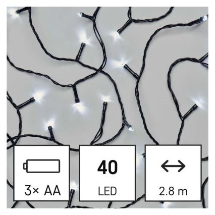 LED udendørs lyskæde 40xLED/3xAA 3,3m IP44 kold hvid