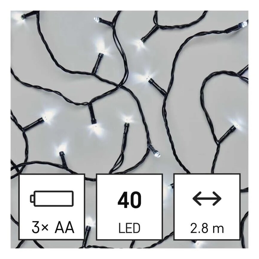 LED udendørs lyskæde 40xLED/3xAA 3,3m IP44 kold hvid