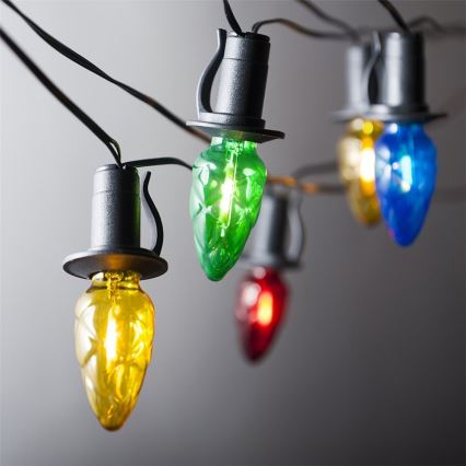 LED Udendørs lyskæde CONE FILAMENT 20xE10 19m farvet/varmhvid IP44, Fremstillet i EU