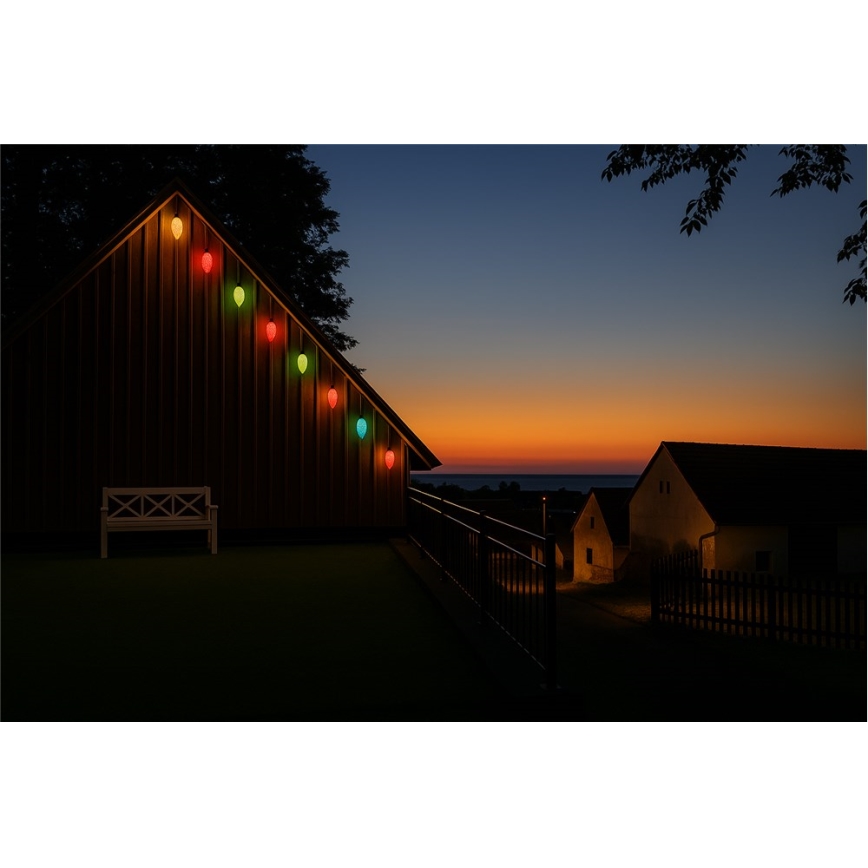 LED Udendørs lyskæde CONE FILAMENT 20xE10 19m farvet/varmhvid IP44, Fremstillet i EU