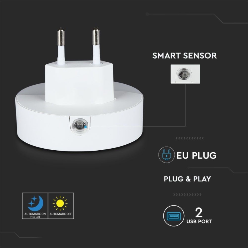 LED Vågelampe m. skumringssensor 2xUSB LED/0,45W/230V 3000K