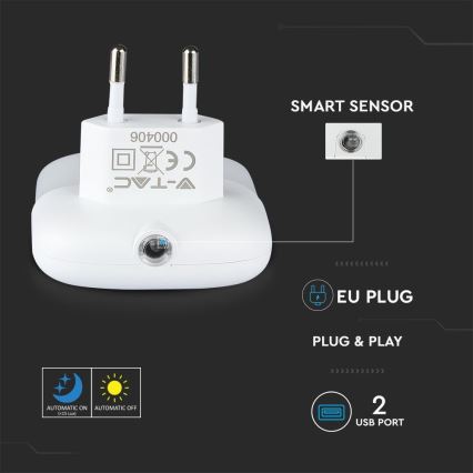 LED Vågelampe m. skumringssensor 2xUSB LED/0,45W/230V 3000K