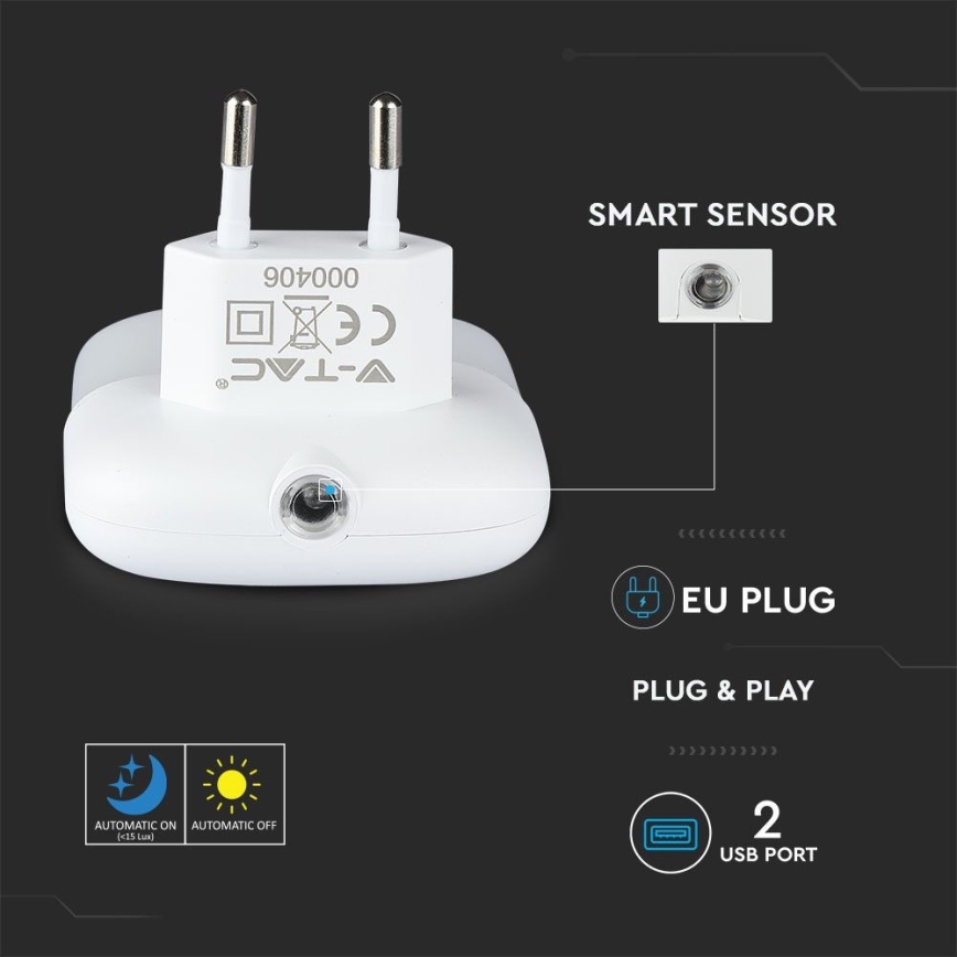 LED Vågelampe m. skumringssensor 2xUSB LED/0,45W/230V 3000K