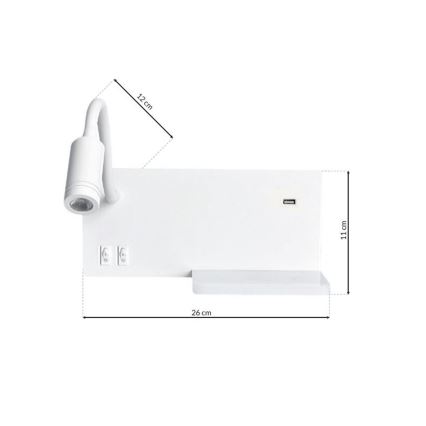 LED væglampe med hylde SHELF 1xLED/4W+1xLED/5W+1xLED/2W/230V + USB-port hvid