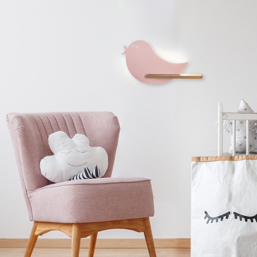 LED væglampe med hylde til børn BIRD LED/5W/230V pink/træ