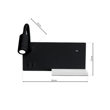 LED væglampe SHELF 1xLED/4W+1xLED/5W+1xLED/2W/230V sort