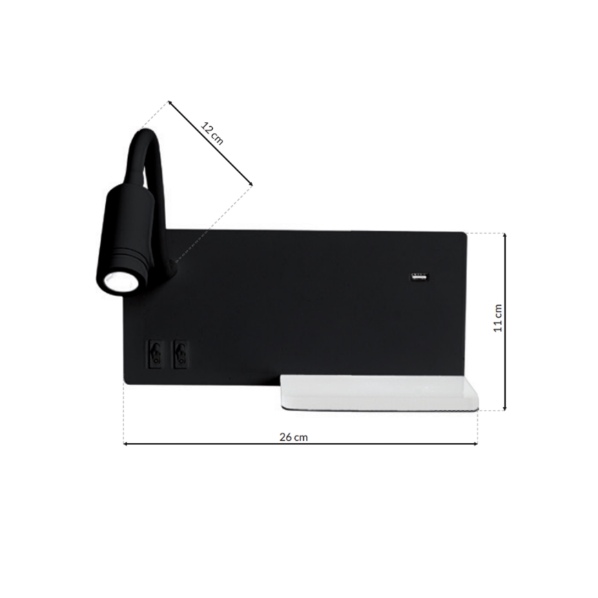 LED væglampe SHELF LED/4W+LED/5W+LED/2W/230V sort