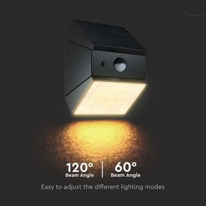 LED vægmonteret solcellelampe med sensor LED/2,5W/3,7V 3000/4000/6000K IP65 1200 mAh sort