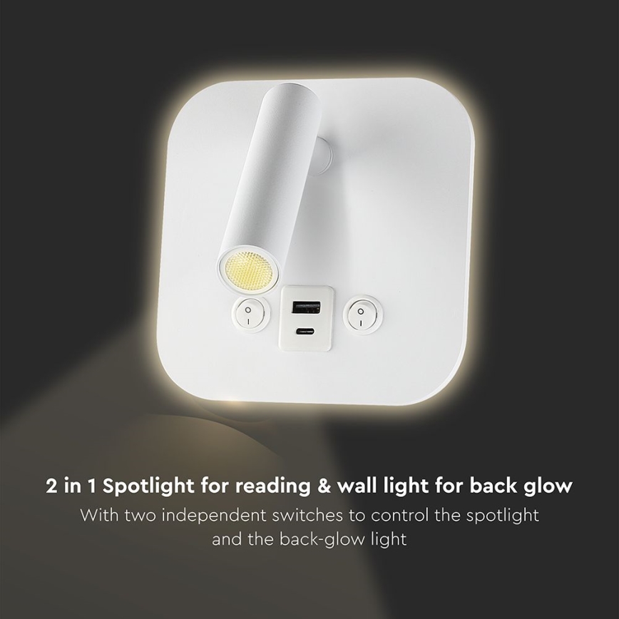 LED vægspot med USB-port LED/8W/230V 3000K hvid