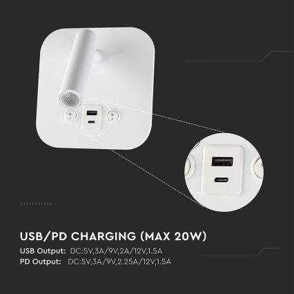 LED vægspot med USB-port LED/8W/230V 3000K hvid
