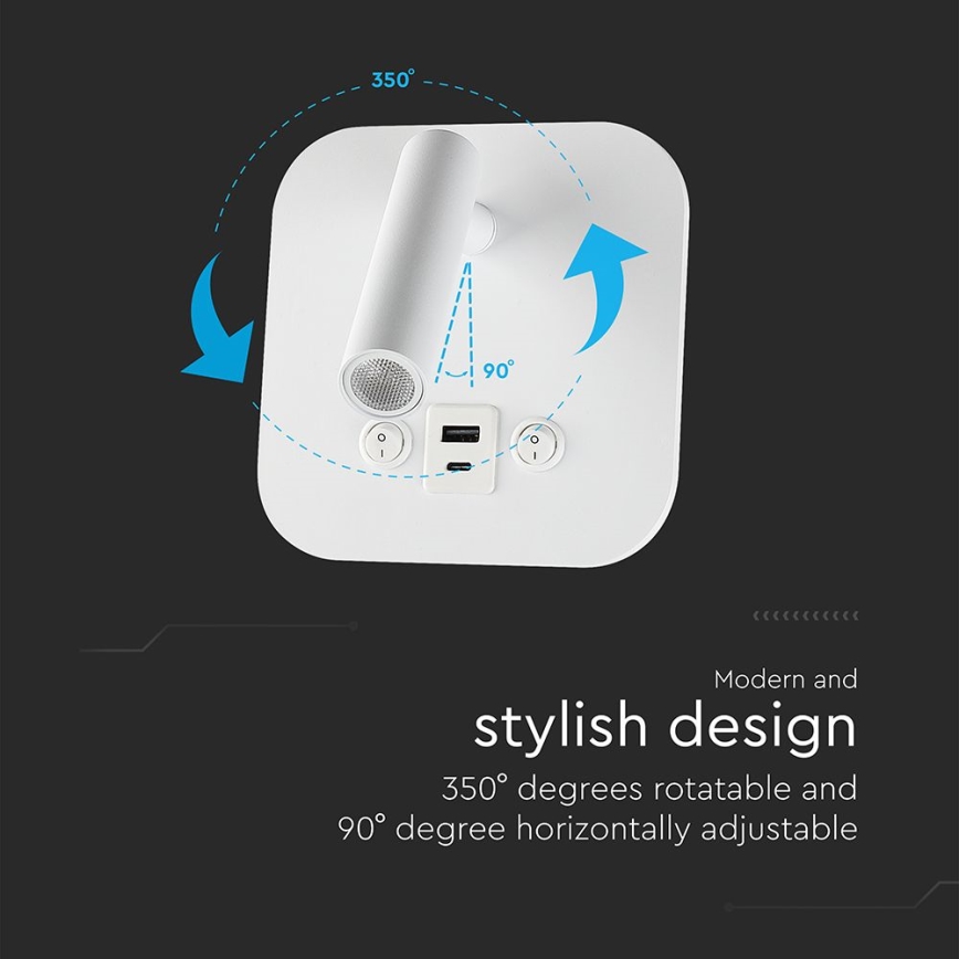LED vægspot med USB-port LED/8W/230V 3000K hvid