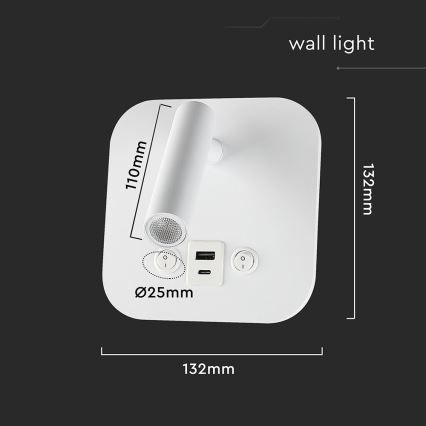 LED vægspot med USB-port LED/8W/230V 3000K hvid