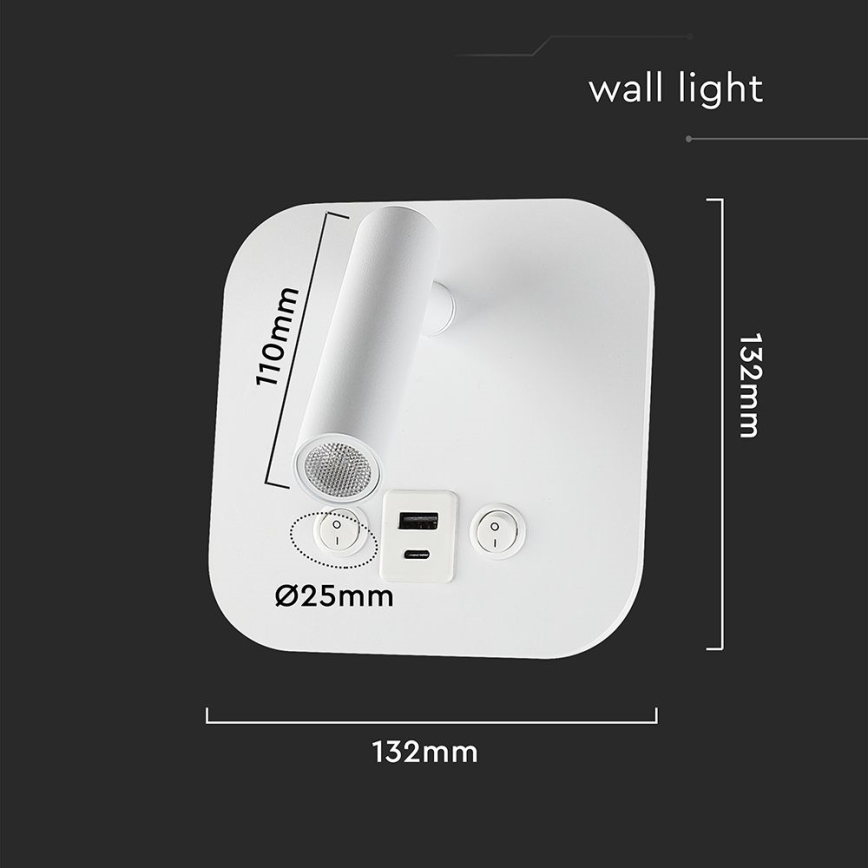 LED vægspot med USB-port LED/8W/230V 3000K hvid