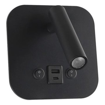 LED vægspot med USB-port LED/8W/230V 3000K sort