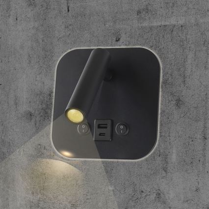 LED vægspot med USB-port LED/8W/230V 3000K sort