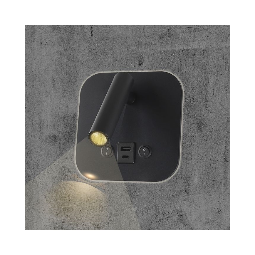 LED vægspot med USB-port LED/8W/230V 3000K sort