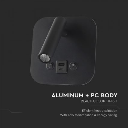 LED vægspot med USB-port LED/8W/230V 3000K sort