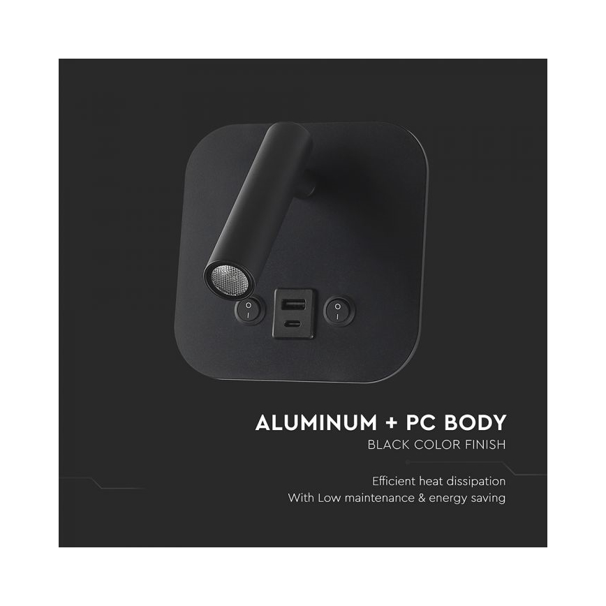LED vægspot med USB-port LED/8W/230V 3000K sort