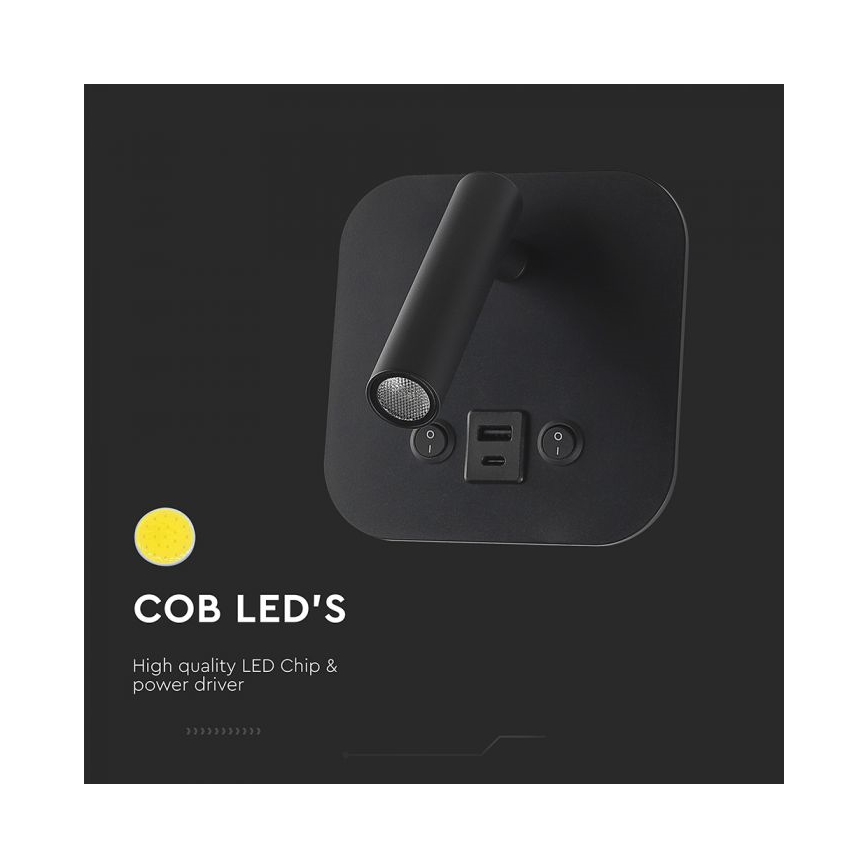 LED vægspot med USB-port LED/8W/230V 3000K sort