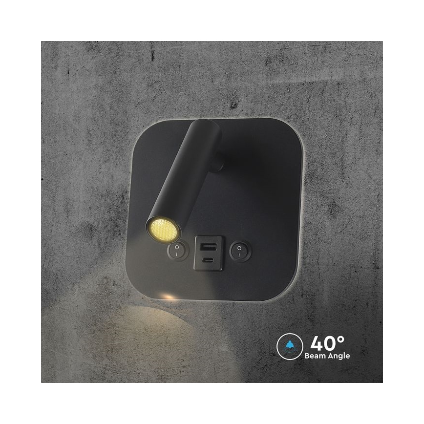 LED vægspot med USB-port LED/8W/230V 3000K sort