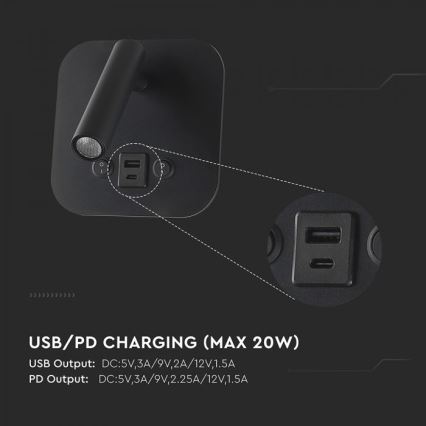 LED vægspot med USB-port LED/8W/230V 3000K sort