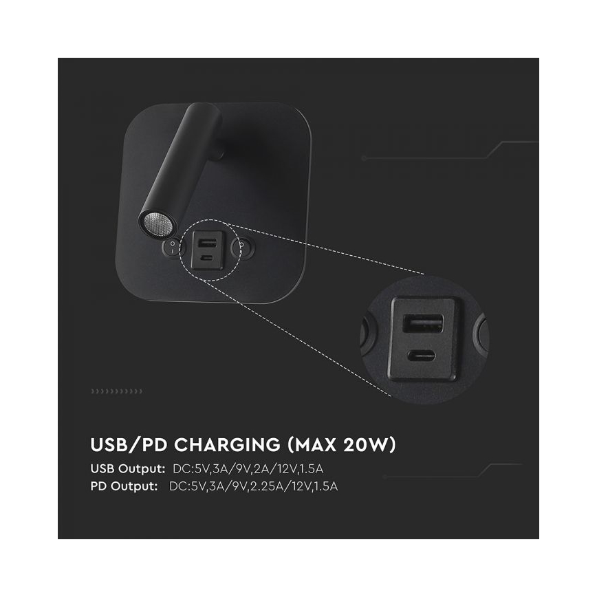 LED vægspot med USB-port LED/8W/230V 3000K sort
