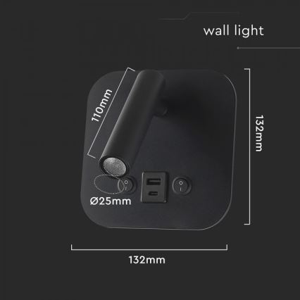 LED vægspot med USB-port LED/8W/230V 3000K sort