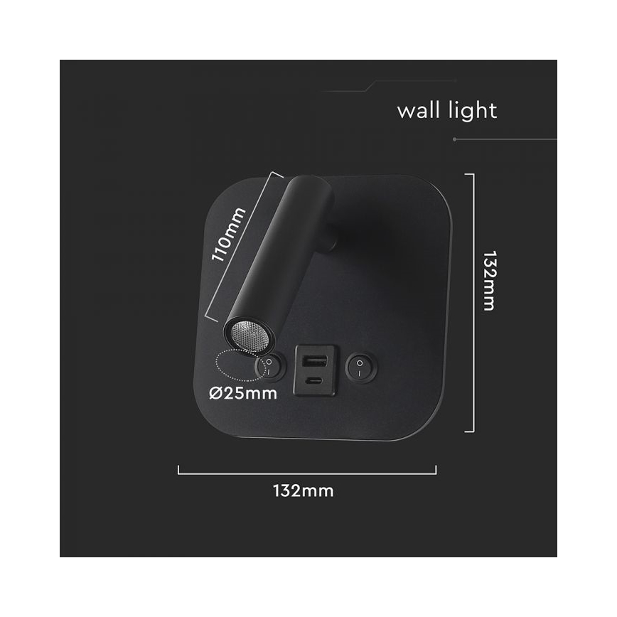 LED vægspot med USB-port LED/8W/230V 3000K sort
