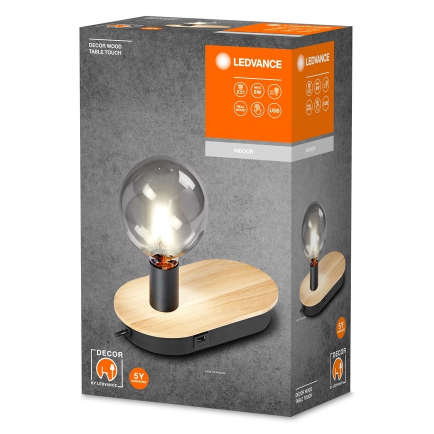 Ledvance - Bordlampe m. touch-funktion med USB connector DECOR WOOD 1xE27/8W/230V gummitræ