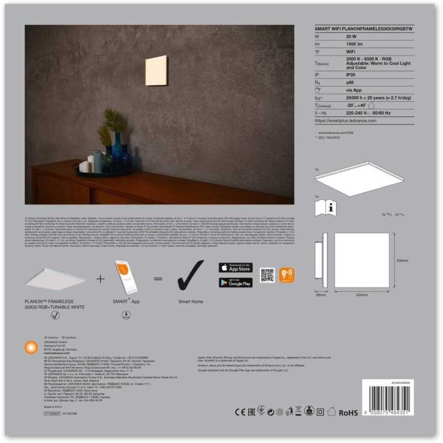 Ledvance - LED loftlampe dæmpbar RGB+TW-farver SMART+ UDEN RAMME LED/20W/230V 3000K-6500K Wi-Fi