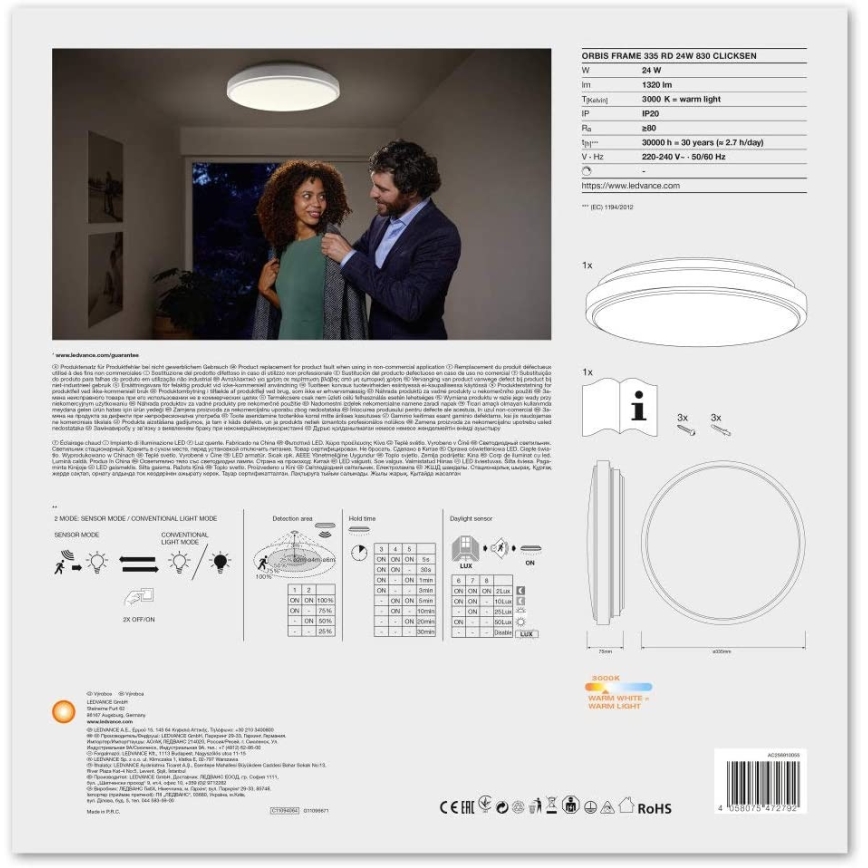 Ledvance - LED loftlampe med sensor ORBIS LED/24W/230V 3000K