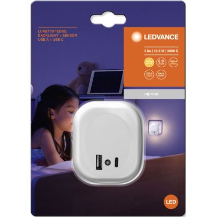 Ledvance - LED natlampe med sensor til stikkontakt og USB LUNETTA LED/12,5W/230V 3000K hvid