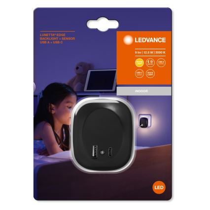 Ledvance - LED natlampe med sensor til stikkontakt og USB LUNETTA LED/12,5W/230V 3000K sort