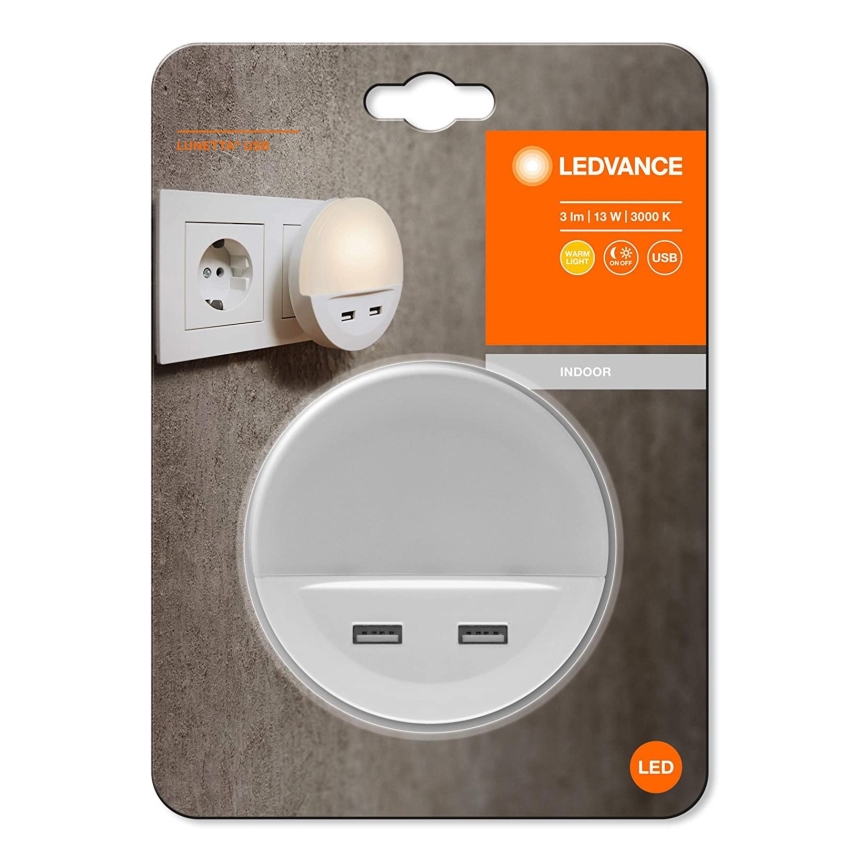 Ledvance - LED-natlampe til stikkontakt med sensor LUNETTA 2xUSB LED/13W/230V