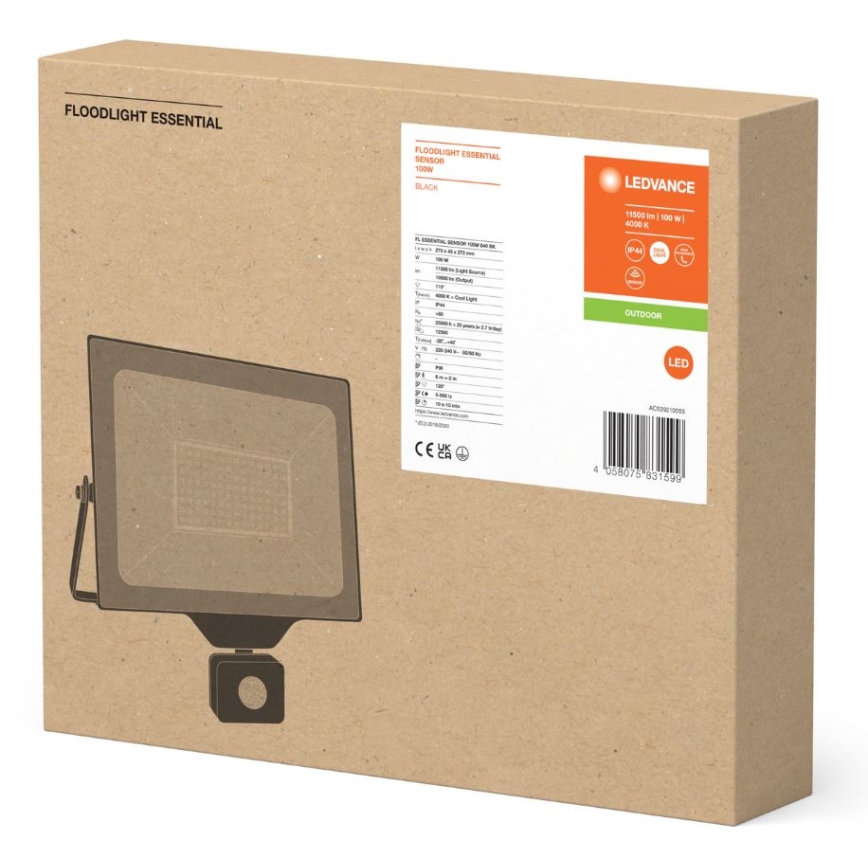 Ledvance - LED Væghængt projektør med sensor FLOODLIGHT ESSENTIAL LED/100W/230V IP65