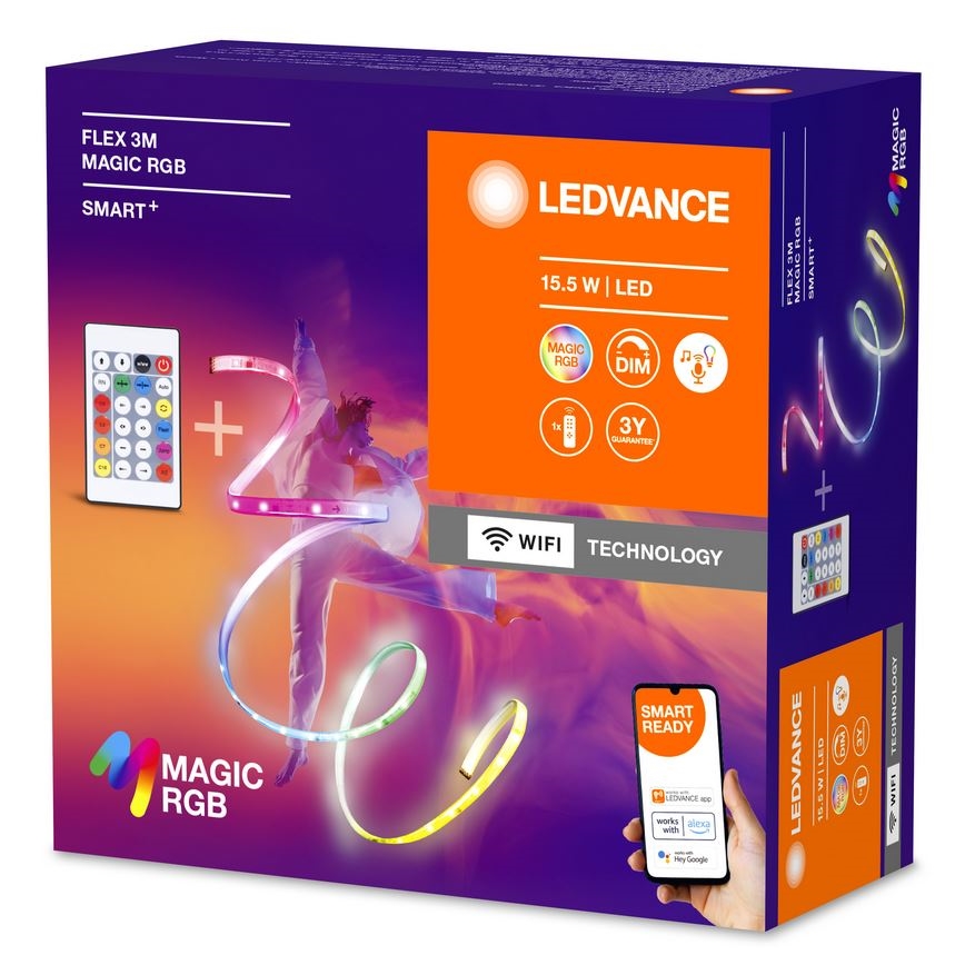 Ledvance- LED strip m. RGB-farver dæmpbar SMART+ MAGIC FLEX 3 m LED/15,5W/230V Wi-Fi + fjernbetjening