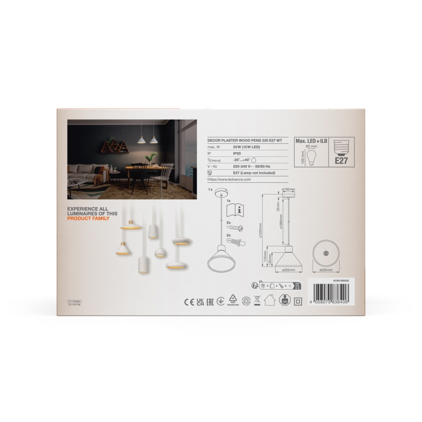 Ledvance - Pendel DECOR PLASTER 1xE27/25W/230V diameter 22 cm gips hvid