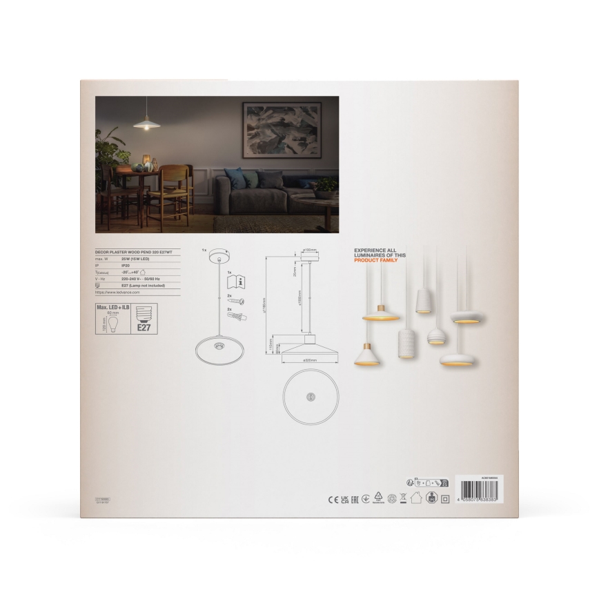 Ledvance - Pendel DECOR PLASTER 1xE27/25W/230V diameter 32 cm gips hvid