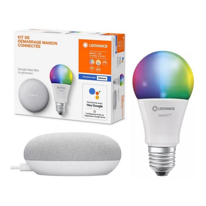 Ledvance - Smart-højtaler Google Nest Mini + LED-pære dæmpbar RGBW-farver SMART+E27/10W/230V