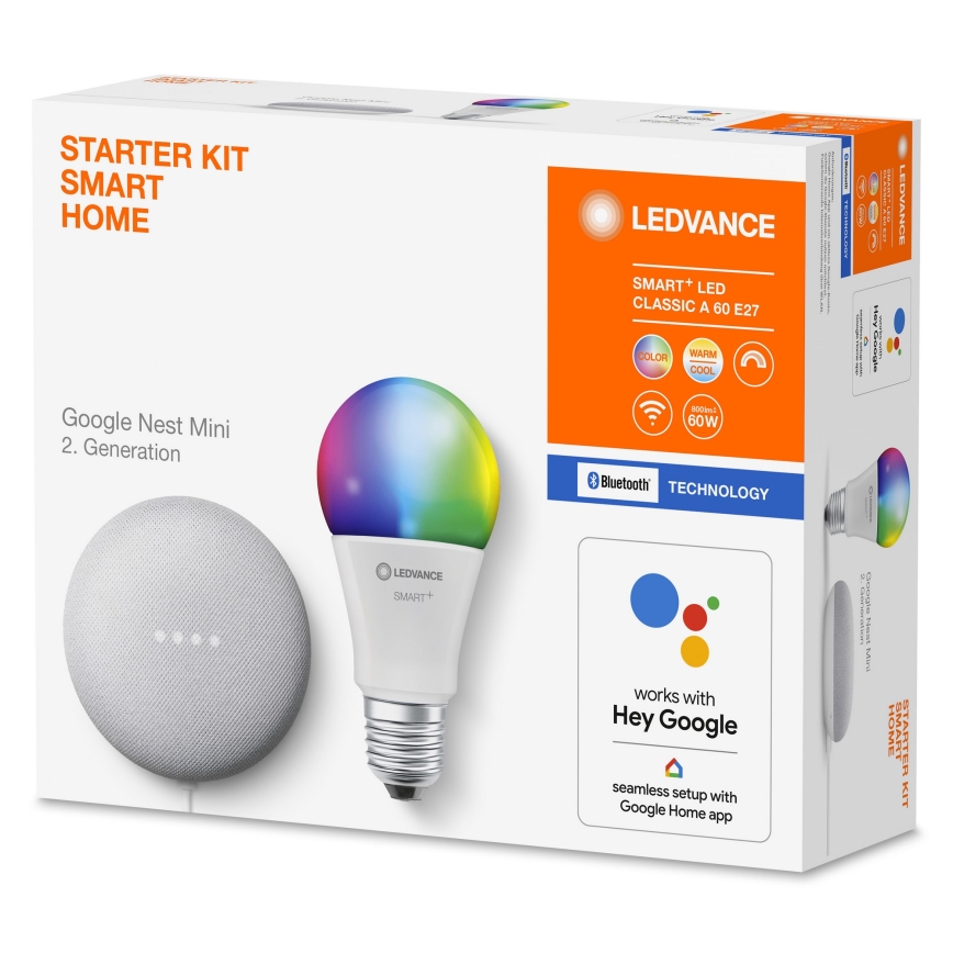 Ledvance - Smart-højtaler Google Nest Mini + LED-pære med RGBW-farver dæmpbar SMART+ A60 E27/10W/230V 2000 - 6500K